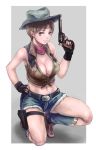  1girl alternate_costume belt boots breasts brown_hair cleavage cowboy cowboy_hat cutoffs denim denim_shorts fingerless_gloves fringe front-tie_top full_body gloves green_eyes gun hand_on_hip handgun hat holster large_breasts looking_at_viewer midriff navel rebecca_chambers resident_evil resident_evil_0 revolver sgk short_hair shorts smile solo squatting thigh_holster vest weapon western 