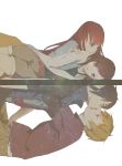  2boys 2girls akizuki_maria aonuma_shun asahina_satoru black_hair blonde_hair blue_eyes brown_eyes brown_hair casual different_reflection kiss long_hair lying multiple_boys multiple_girls red_eyes redhead reflection shin_sekai_yori short_hair simple_background watanabe_saki yaoi yuri 