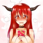  1girl blush box breasts choker embarrassed fake_horns gift gift_box heart horns large_breasts long_hair looking_at_viewer maou_(maoyuu) maoyuu_maou_yuusha nude okitakung open_mouth red_eyes redhead solo topless valentine wavy_mouth 