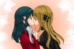  2girls age_difference blonde_hair blue_eyes blue_hair choker closed_eyes hair_ornament hairclip half_updo hikari_(pokemon) kamekonamea kiss long_hair multiple_girls peacoat pokemon shirona_(pokemon) yuri 