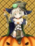  1girl blush green_eyes halloween happy_halloween hat highres jack-o&#039;-lantern kuro_(kuroneko_no_kanzume) long_hair original plaid sitting smile solo striped striped_legwear thigh-highs 
