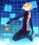  1boy animal_ears ass blonde_hair blue_background bodysuit cat_ears daryl_yan from_behind guilty_crown hair_ornament indifference kneeling looking_back male_focus nakamura_hiro_(nobody10ch) short_hair solo violet_eyes 