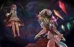  2girls bat_wings blonde_hair female flandre_scarlet floating hat hat_ribbon highres multiple_girls night purple_hair remilia_scarlet ribbon short_hair siblings sisters touhou wings yamazaki_haru 