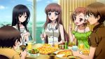  2boys 3girls accel_world antenna_hair arita_haruyuki bare_shoulders black_hair blue_eyes brown_eyes brown_hair eating food glass glasses highres kurasaki_fuuko kurashima_chiyuri kuroyukihime long_hair mayuzumi_takumu multiple_boys multiple_girls official_art pizza scan short_hair short_sleeves sleeveless violet_eyes 