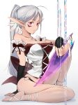  1girl ankle_lace-up arm_support bad_id bare_shoulders barefoot barefoot_sandals breasts cleavage cross-laced_footwear dark_elf elf fingerless_gloves gloves highres jewelry large_breasts long_hair miso_ni necklace pointy_ears ponytail silver_hair sitting violet_eyes 