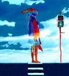  1girl blood clouds colorful distortion full_body giba_ryan knife looking_back madotsuki no_shoes sky solo stairs standing surreal traffic_light yume_nikki 