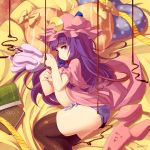  1girl black_legwear blueberry_(5959) book chocolate covering covering_breasts crescent female hat long_hair lying on_side panties patchouli_knowledge purple_hair purple_panties solo striped striped_panties thigh-highs touhou underwear violet_eyes 