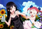  2girls accel_world bare_shoulders black_hair detexted dress flower hair_flower hair_ornament hair_ribbon highres kouzuki_yuniko kuroyukihime long_hair multiple_girls official_art one_eye_closed open_mouth red_eyes redhead ribbon scan sundress sunflower twintails wink 