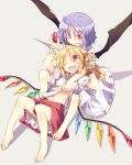  &gt;:d 2girls :d ;d barefoot bat_wings blonde_hair fang fangs feet female flandre_scarlet long_hair multiple_girls navel no_hat one_eye_closed open_mouth pocky purple_hair remilia_scarlet satou_kibi shirt_lift short_hair siblings side_ponytail sisters skirt smile tickling toes touhou wings wink 