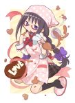  1girl akemi_homura apron black_hair blush bow braid chocolate chocolate_heart english gecchu glasses hair_bow happy_valentine heart highres long_hair mahou_shoujo_madoka_magica messy mixing_bowl red-framed_glasses school_uniform semi-rimless_glasses skirt slippers socks solo spatula twin_braids under-rim_glasses valentine violet_eyes 