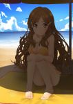  1girl bad_id barefoot beach beach_towel bikini blonde_hair blush breasts cleavage clouds curly_hair hair_ornament hairclip highres large_breasts leg_hug long_hair looking_at_viewer nekobaka shade shinomiya_himawari sitting sky smile solo swimsuit towel vividred_operation wavy_hair yellow_bikini yellow_eyes 