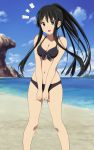  1girl akiyama_mio artist_request beach bikini black_eyes black_hair breast_squeeze breasts cleavage day front-tie_top highres k-on! long_hair looking_at_viewer navel ocean open_mouth outdoors photoshop ponytail solo swimsuit water 