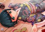  1girl :&lt; black_hair blush floral_print green_eyes ikoku_meiro_no_croisee japanese_clothes kimono lee_(colt) long_hair looking_at_viewer lying obi on_back on_floor sandals sash shoes_removed short_hair solo tabi wooden_floor yune_(ikoku_meiro_no_croisee) 