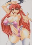  1girl arm_up bad_id bat_wings breasts cleavage collarbone colored_pencil_(medium) curvy female head_wings highleg highleg_swimsuit huge_breasts koakuma large_breasts long_hair long_sleeves marker_(medium) midriff millipen_(medium) navel pointy_ears purple_swimsuit red_eyes redhead simple_background swimsuit thigh-highs touhou traditional_media uneven_eyes very_long_hair white_background white_legwear wings yutakasan-love 