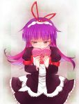  1girl blue_eyes blush chocolate dress feli feli_(puyopuyo) gift hair_ribbon hairband heart kinnotama_(erokosei) long_hair purple_hair puyopuyo puyopuyo_fever ribbon solo valentine 