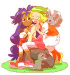  10s 2girls apple axew bel_(pokemon) beret blonde_hair blush brown_eyes chajka crying dark_skin emolga food fruit green_eyes hair_ornament hands_on_shoulders hat iris_(pokemon) long_hair long_skirt minccino multiple_girls nintendo pokemon pokemon_(anime) pokemon_(game) pokemon_bw purple_hair rock sitting skirt very_long_hair white_skirt 