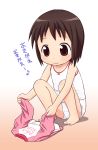  1girl bad_id barefoot brown_eyes brown_hair child clothes feet female michael_(mikatsuu) mika-shi pajamas panties short_hair smile solo tank_top toes translated underwear 