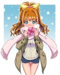  1girl blush bow bowieknife breath brown_hair chocolate chocolate_heart green_eyes hair_bow hair_ornament heart heart-shaped_pupils hino_akane_(idolmaster) idolmaster idolmaster_cinderella_girls long_hair scarf shorts snowing solo sweater symbol-shaped_pupils thigh_gap thighs valentine yellow_bow 