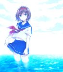  1girl blue_eyes brown_hair choker hairband looking_at_viewer navel partially_submerged pleated_skirt rita_mordio school_uniform serafuku short_hair skirt skirt_hold solo tales_of_(series) tales_of_vesperia wading water yukiiti 