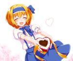 1girl alice_margatroid alice_margatroid_(pc-98) blonde_hair blush bobomaster box capelet chocolate chocolate_heart closed_eyes female hair_ornament hair_ribbon hairband heart open_mouth ribbon short_hair skirt smile solo suspenders touhou touhou_(pc-98) valentine 