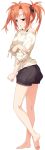  1girl :o absurdres barefoot feet flat_gaze full_body hair_ornament hairclip hashimoto_takashi highres imouto_no_katachi jitome kneepits legs long_hair long_image long_legs off_shoulder orange_hair red_eyes ribbon short_shorts shorts simple_background soles solo standing sumeragi_ayaka sweatdrop sweater tall_image toes transparent_background twintails white_background 