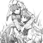  1boy 1girl age_difference amira blush colmack couple grass head_scarf hetero hug hug_from_behind jewelry karluk long_sleeves lowres monochrome necklace otoyomegatari traditional_clothes 