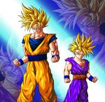  2boys blonde_hair blue_eyes dragon_ball dragon_ball_z dragonball_z father_and_son highres kbono54 looking_at_viewer male_focus multiple_boys muscle smile son_gohan son_gokuu spiky_hair super_saiyan wrist_cuffs 