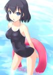  1girl :o arms_behind_back black_hair blue_eyes breasts impossible_clothes impossible_swimsuit innertube kuro_(be_ok) minitesu one-piece_swimsuit original short_hair solo swimsuit wading water 