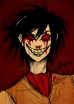  .flow 1boy artist_request black_hair bleeding blood bloody_tears copyright_name crazy_eyes crazy_smile creepy evil_grin evil_smile facial_tattoo grin looking_at_viewer male_focus nosebleed red_sclera short_hair smile smile_(.flow) solo tattoo upper_body 