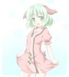  1girl animal_ears blush dress dress_lift fang female gradient gradient_background green_eyes green_hair kasodani_kyouko open_mouth pink_dress shino_megumi short_hair simple_background smile solo tail touhou 