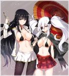  2girls bikini_top black_hair black_legwear blush bow breasts cleavage eyepatch ikaruga_(senran_kagura) jirou_(62sand3gemt9) large_breasts long_hair multiple_girls navel pantyhose parasol red_eyes senran_kagura senran_kagura_(series) skirt sword twintails umbrella violet_eyes weapon white_hair yagyuu_(senran_kagura) 