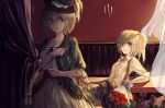  2girls alternate_costume bouquet collarbone contemporary couple dress earrings female flower green_eyes hat hug_(artist) hug_(yourhug) jewelry long_hair mononobe_no_futo multiple_girls overalls ponytail rose shirt silver_hair smile soga_no_tojiko touhou 