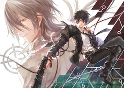  2boys belt black_hair coat dominator_(gun) formal gun kougami_shin&#039;ya makishima_shougo male multiple_boys necktie plant psycho-pass short_hair vines w_w_w_wloveless weapon white_hair yellow_eyes 