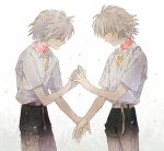  2boys blood closed_eyes dual_persona frown hand_holding male_focus multiple_boys nagisa_kaworu neon_genesis_evangelion red_eyes school_uniform short_hair smile tapiet white_hair 