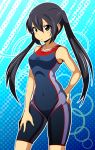  1girl bad_id black_hair brown_eyes competition_swimsuit k-on! long_hair nakano_azusa nukarumi_noren one-piece_swimsuit swimsuit twintails 