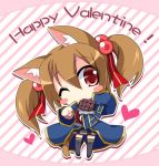  1girl animal_ears blush_stickers brown_hair cat_ears cat_tail chibi chocolate happy_valentine heart one_eye_closed red_eyes short_hair short_twintails silica silica_(sao-alo) sword_art_online tail thigh-highs tougo twintails valentine wink 