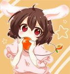  1girl ahoge animal_ears brown_hair covering_mouth dress female food fruit highres inaba_tewi jewelry necklace orange rabbit_ears red_eyes s-s_(ss) short_hair solo touhou 