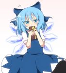  1girl blue_dress blue_eyes blue_hair blush bow box cirno covering_mouth do_(4-rt) dress gift gift_box gradient gradient_background hair_bow ice ice_wings looking_at_viewer puffy_sleeves shirt short_sleeves solo touhou valentine wings 