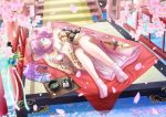 1girl breasts bridge cherry_blossoms cleavage female hadi highres japanese_clothes kimono legs lying no_panties on_side petals pink_hair saigyouji_yuyuko sleeping solo tabi touhou 