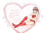  1girl bare_shoulders boots breasts brown_eyes brown_hair coffee-kizoku english heart knee_boots navel original sitting solo under_boob 