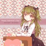  1girl :o blush bow green_hair hair_bow happy_valentine heart heart-shaped_pupils highres long_hair long_sleeves north_abyssor original red_eyes solo symbol-shaped_pupils twintails two_side_up valentine 