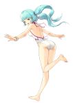  1girl absurdres ass bangs bare_arms bare_legs bare_shoulders barefoot blue_hair breasts commentary eyebrows_visible_through_hair from_behind hair_ornament highres looking_at_viewer medium_breasts open_mouth original saemoy simple_background smile solo swimsuit twintails white_background white_swimsuit yellow_eyes 