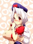  1girl apron braid breasts chocolate chocolate_heart dress female hat heart huge_breasts impossible_clothes long_hair nurse_cap red_eyes shirt silver_hair smile solo taut_clothes taut_shirt touhou valentine very_long_hair yagokoro_eirin yanmarson 