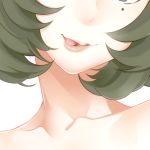  1girl bare_shoulders brown_hair close-up collarbone head_out_of_frame idolmaster idolmaster_cinderella_girls licking_lips mole open_mouth short_hair smile solo takagaki_kaede tongue tongue_out touryou 