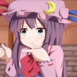  1girl animated animated_gif blue_eyes bow chuunibyou_demo_koi_ga_shitai! crescent female hat long_hair lowres parody patchouli_knowledge pointing purple_hair ram_hachimin solo sparkling_daydream touhou 