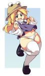  1girl bad_id blonde_hair female fundoshi grey_eyes hair_ribbon hat long_hair long_sleeves midriff moriya_suwako navel no_pants open_mouth plump ribbon shirt smile solo standing_on_one_leg thigh-highs touhou ushi vest white_legwear 