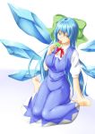  1girl alternate_breast_size ascot bad_feet barefoot blue_eyes blue_hair bow breasts cirno dress eating from_above hair_bow highres ice ice_wings large_breasts long_hair looking_at_viewer looking_up niwatazumi older popsicle ribbon sitting sketch solo touhou very_long_hair wariza watermelon_bar wings 