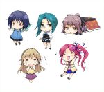  5girls :&gt; :&lt; :d =_= \o/ amagase_yuuki aqua_hair arms_up black_hair blush_stickers casual chibi food fruit hair_ribbon hand_on_hip hand_to_own_mouth iizuki_tasuku inubousaki_aya kotatsu kurokawa_sera light_brown_hair lovely_x_cation mandarin_orange multiple_girls musical_note nanasawa_yuni open_mouth outstretched_arms pink_hair ponytail purple_hair ribbon shoes side_ponytail skirt smile solid_circle_eyes spread_arms table tears tsukioka_misasa under_table wavy_mouth 