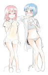  2girls bad_id blue_hair blush boyshorts closed_eyes cup dddoochi1 drunk grey_panties hair_down hair_ornament hairclip highres kaname_madoka mahou_shoujo_madoka_magica midriff miki_sayaka multiple_girls navel open_clothes open_shirt panties pink_hair shirt short_hair sports_bra stool t-shirt unbuttoned underwear wine_glass 