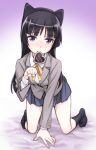  1girl animal_ears arm_support bad_id black_hair black_legwear blazer blush cat_ears fake_animal_ears gokou_ruri long_hair looking_at_viewer matsuryuu mole mouth_hold no_shoes ore_no_imouto_ga_konna_ni_kawaii_wake_ga_nai paw_pose school_uniform socks solo tears valentine violet_eyes 